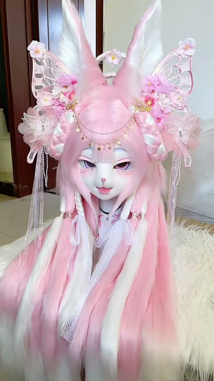 Pink White Fox Ear Headpiece with Wig