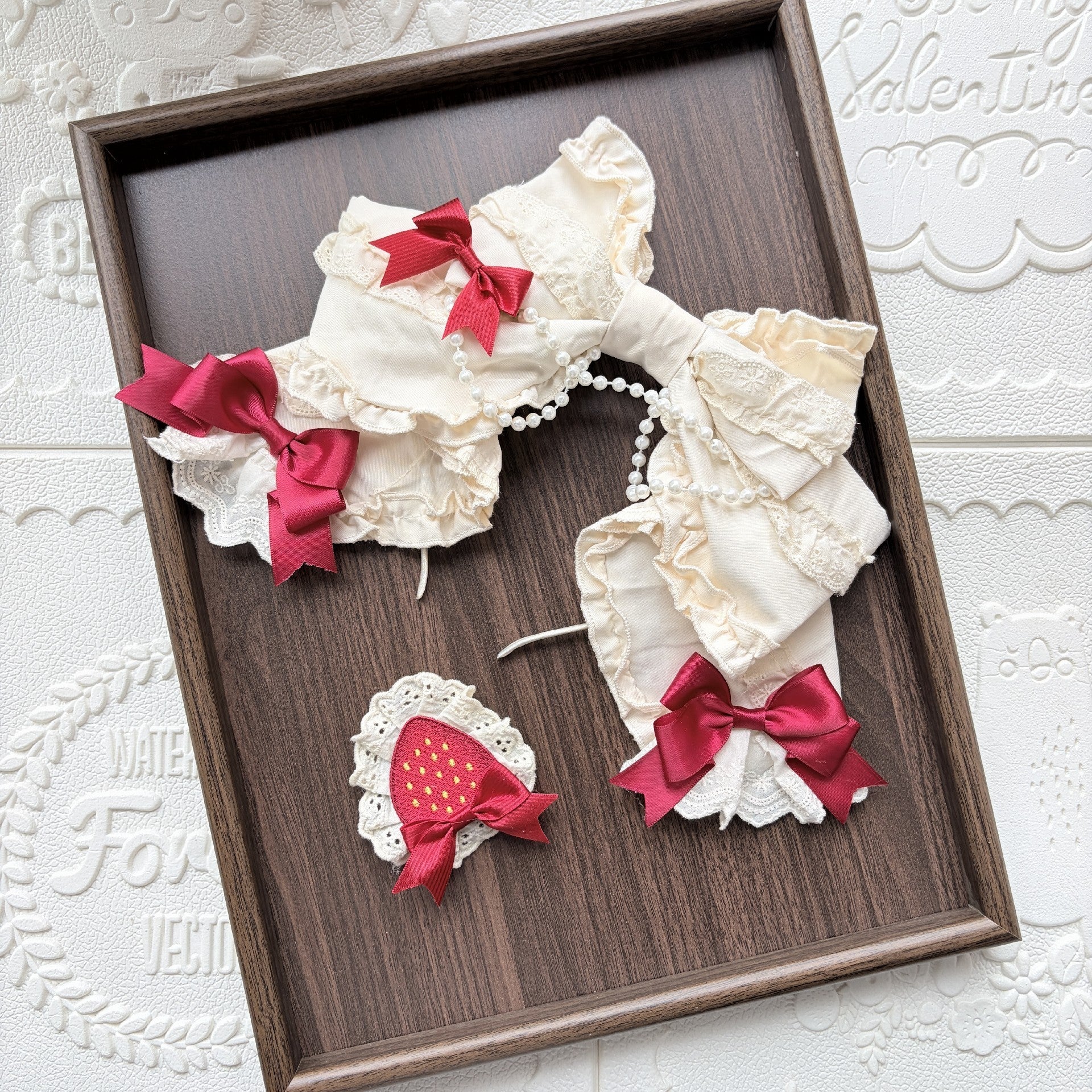 Lolita Cream Bow Headband with Detachable Strawberry Brooch