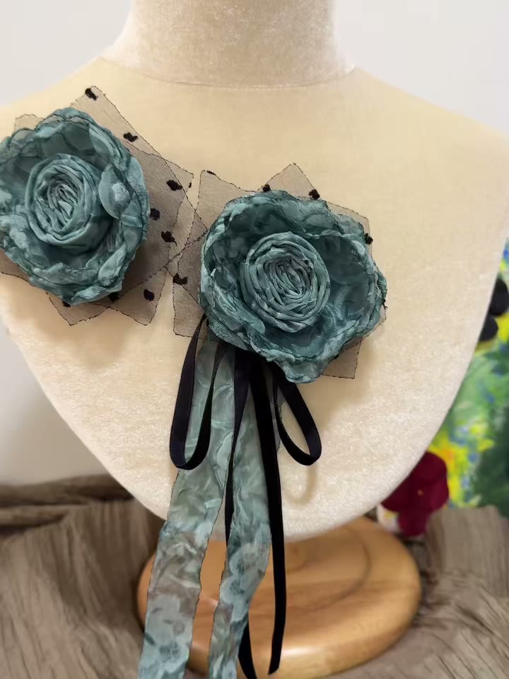 Handmade Fabric Rose Brooch Teal Tulle