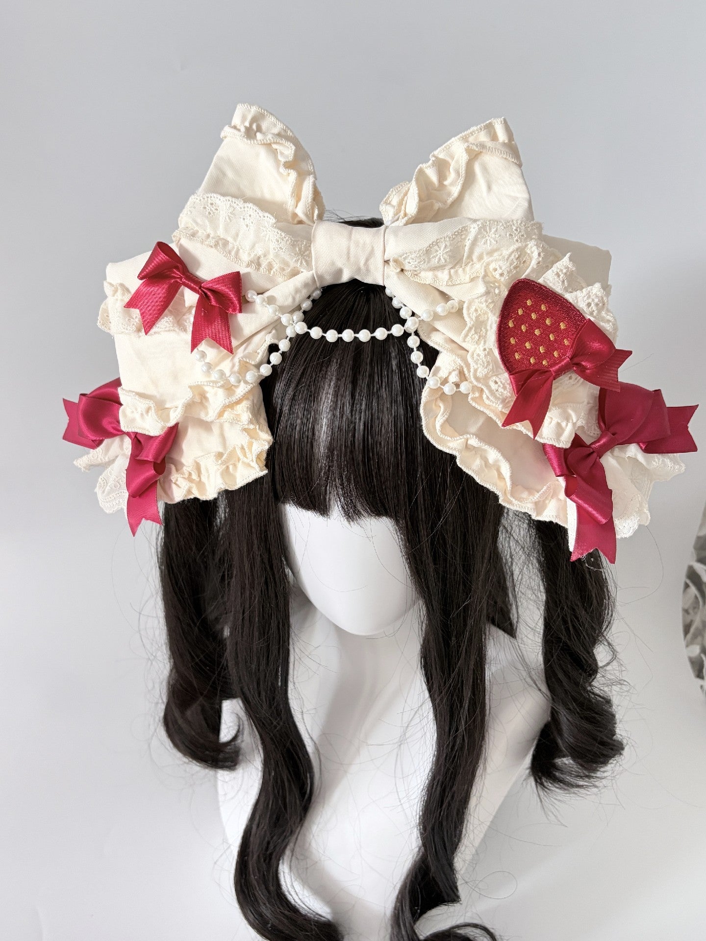 Lolita Cream Bow Headband with Detachable Strawberry Brooch