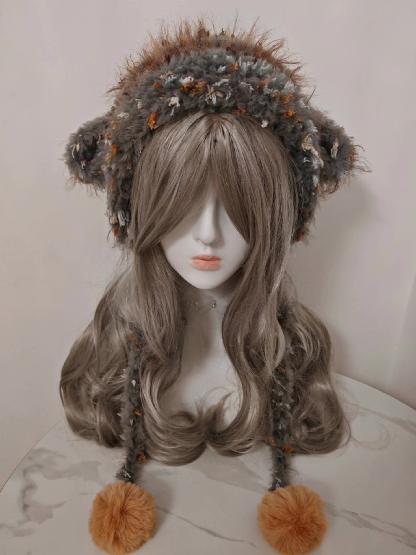Gray and Beige Lamb Hat with Orange Pom-Poms