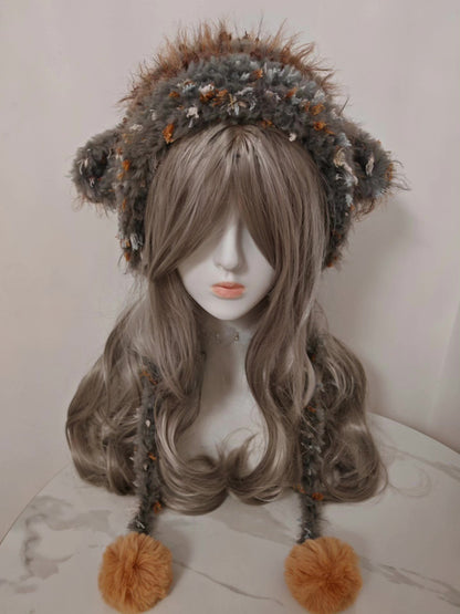 Gray and Beige Lamb Hat with Orange Pom-Poms