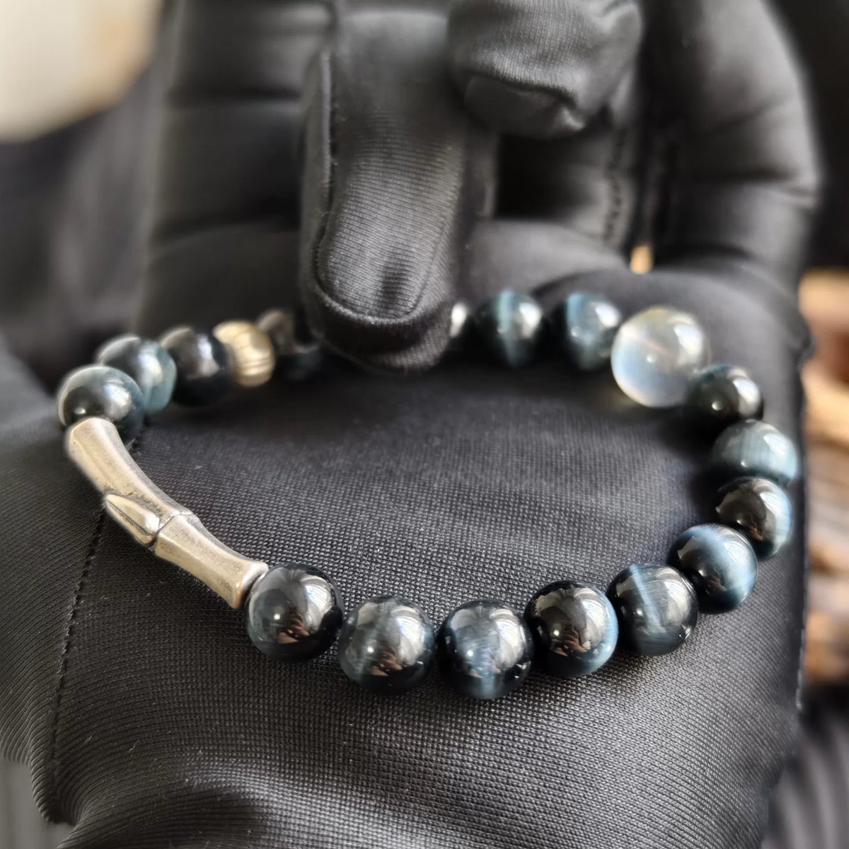 Blue Tiger Eye Gray Moonstone Silver Bracelet