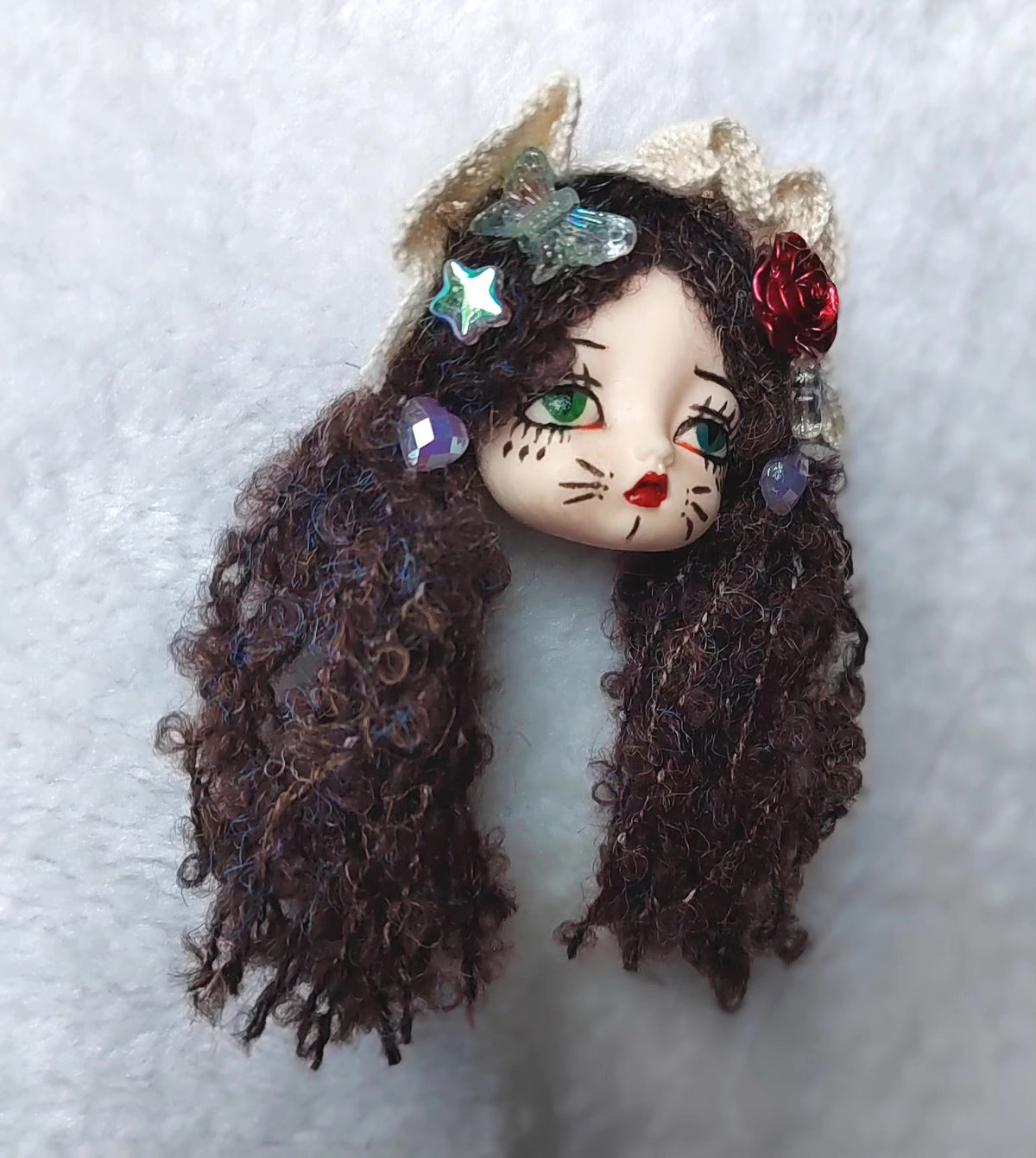 Handmade Clay Cat Doll Head Brooch