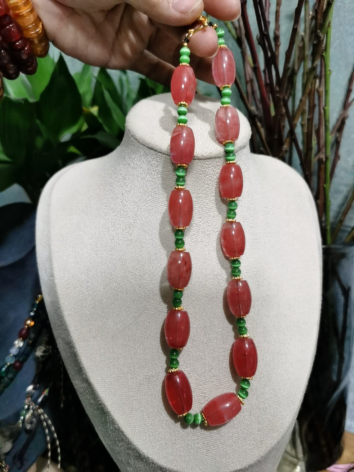 Watermelon Quartz Cat Eye Beaded Necklace