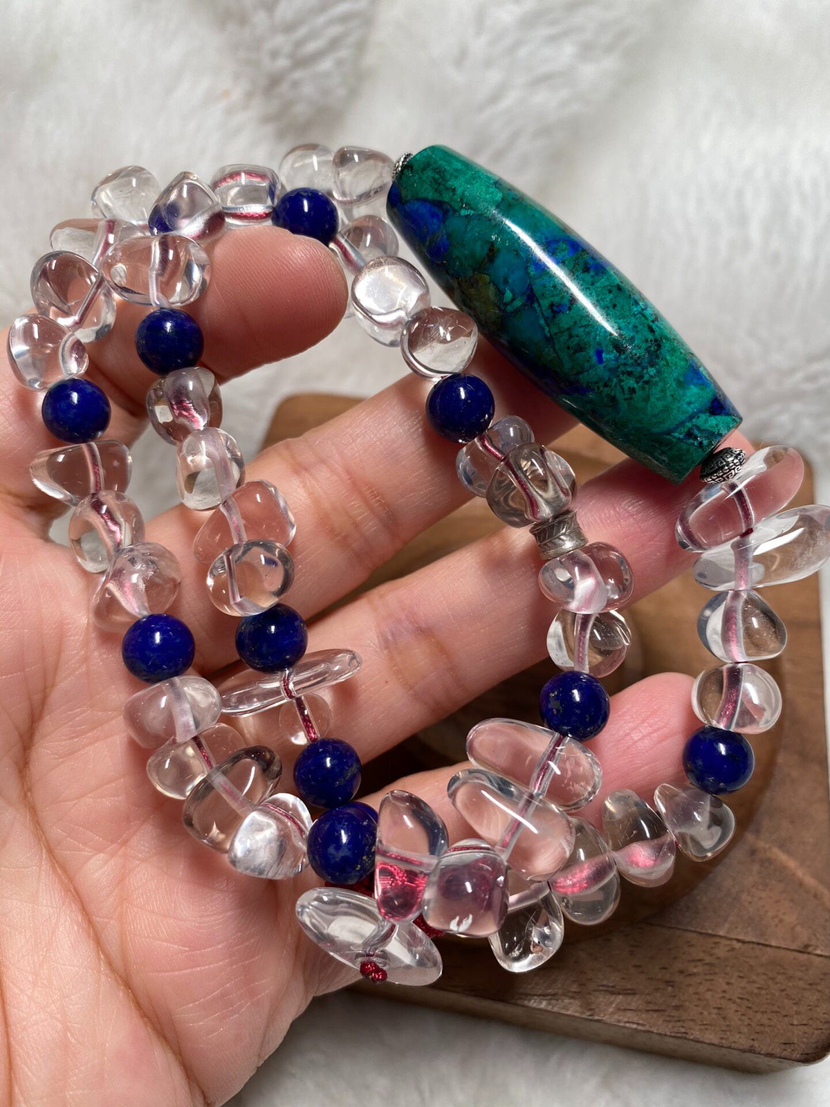 Clear Quartz Lapis Azurite Double Loop Bracelet