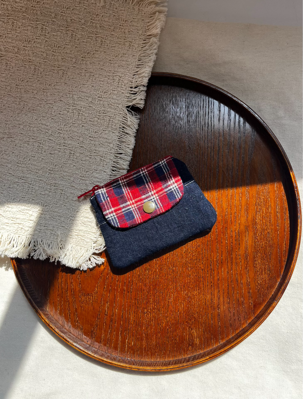 Handwoven Navy Cotton Coin Purse with Red Plaid Flap
