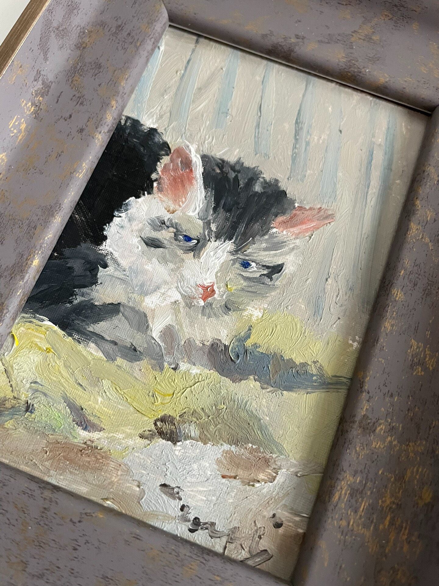 Small Cat Oil Painting in Distressed Frame