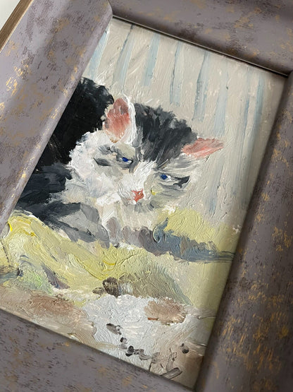 Small Cat Oil Painting in Distressed Frame