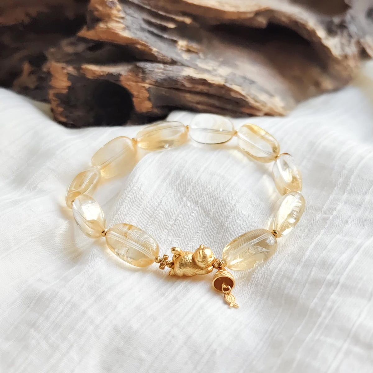 Citrine Bead Bracelet with Gold Plated Cat Charm