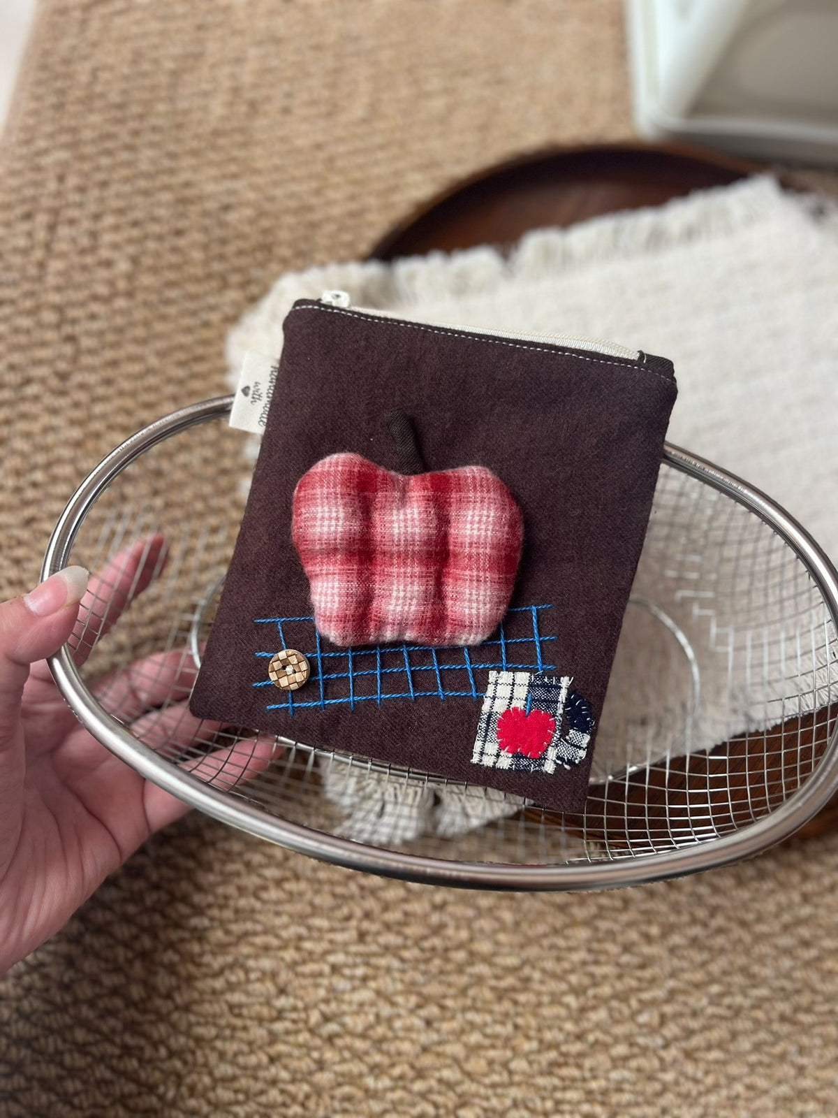 Handmade Apple Pouch with Red Plaid Cup Mats