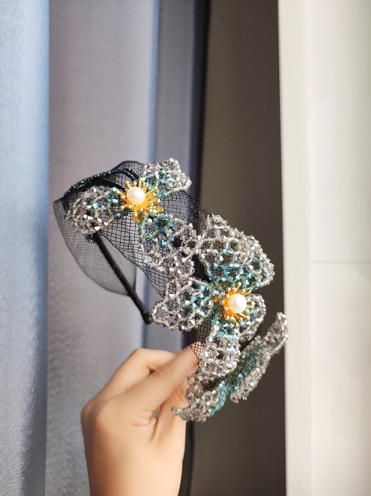Beaded Floral Headband with Net Veil