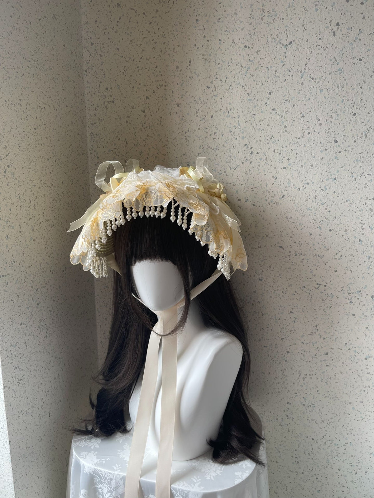 Lolita Flat Bonnet with Pearl Trim
