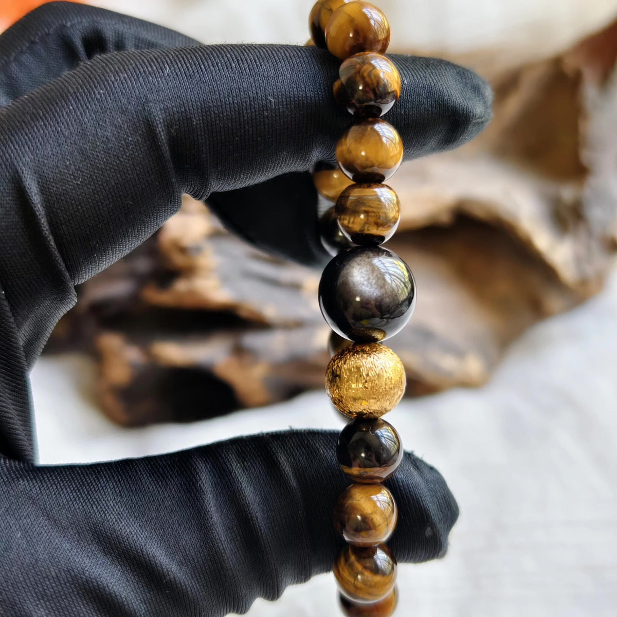 Yellow Tiger Eye Black Obsidian Beaded Bracelet