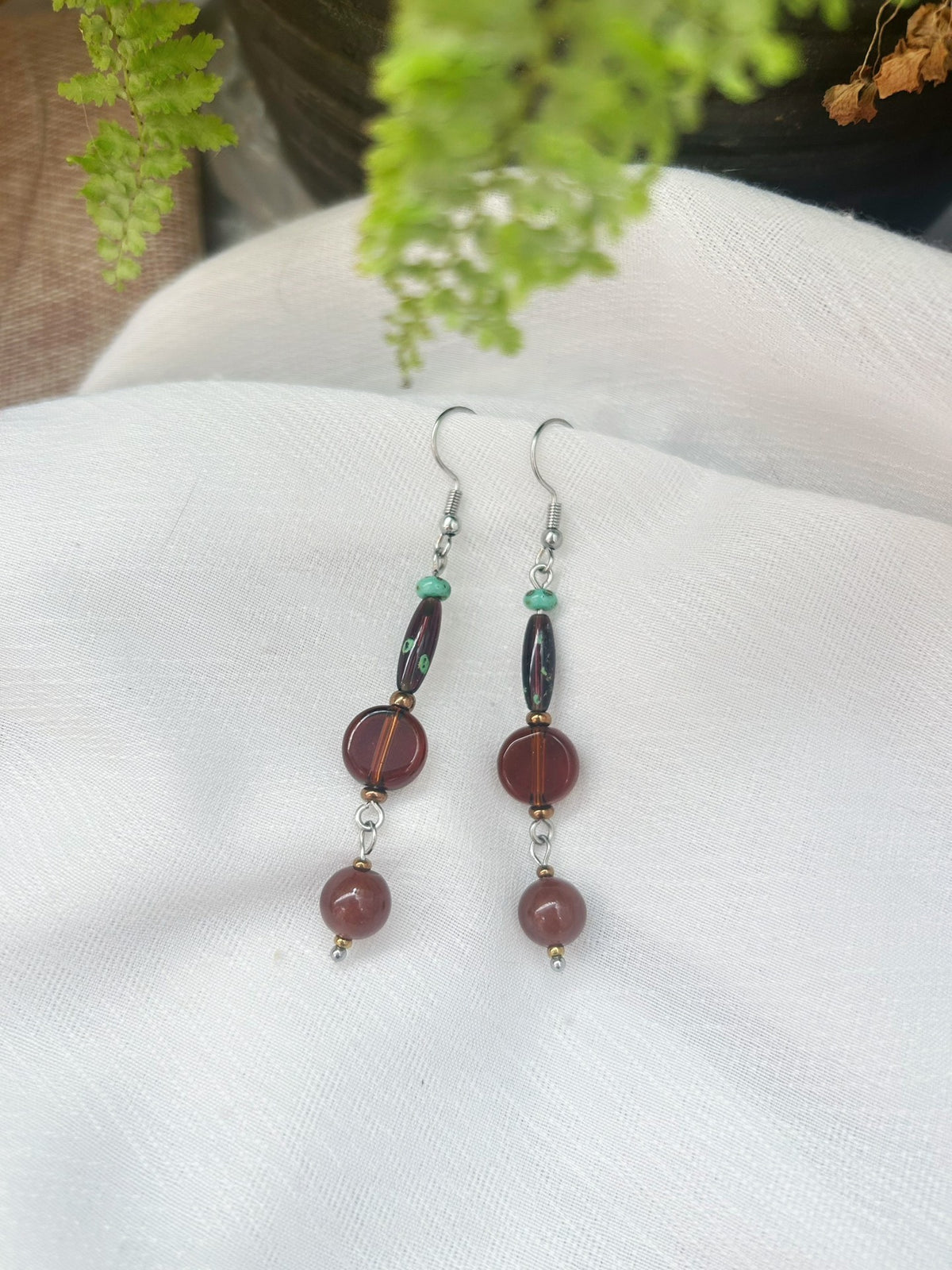 Handcrafted Beaded Dangle Earrings Green Wine Red