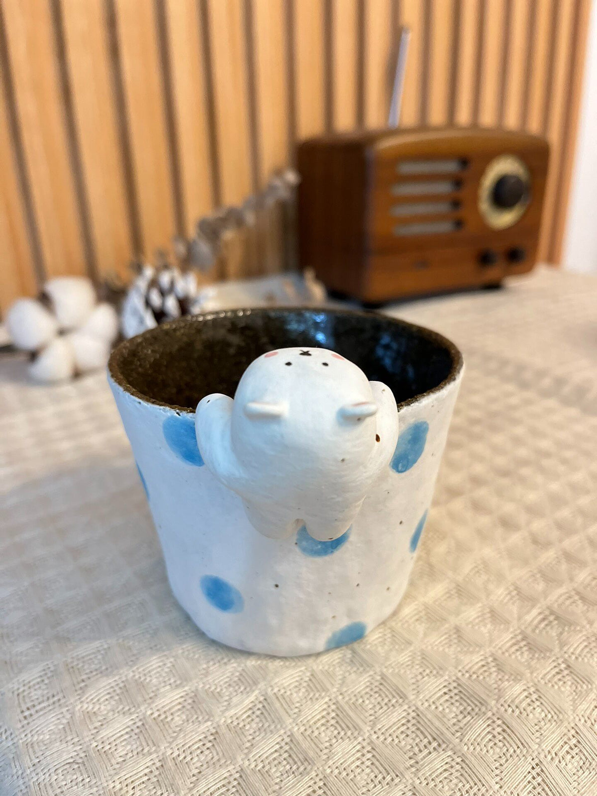 Handmade Black Clay Bear Handle Mug