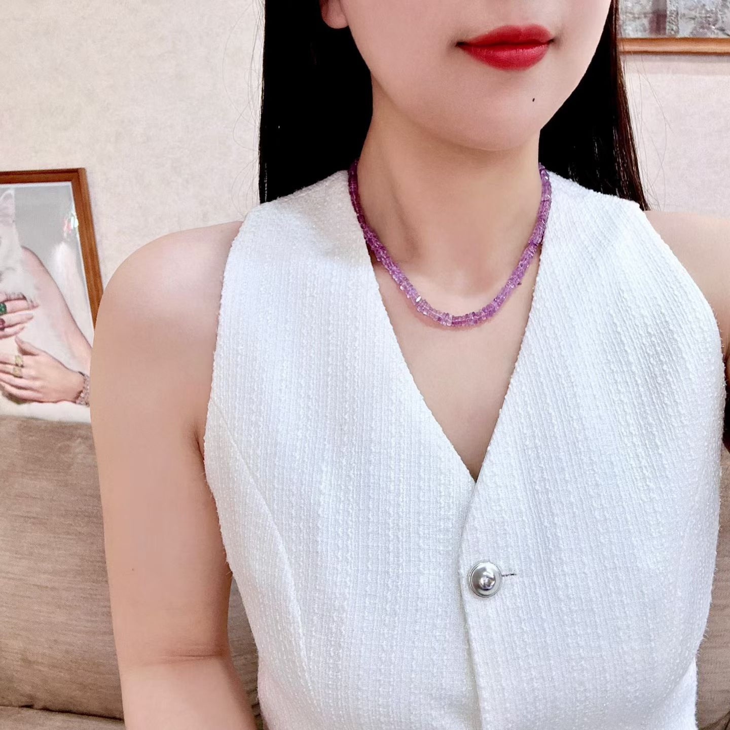 Amethyst Baguette Bead Necklace, 43cm, 21.7g