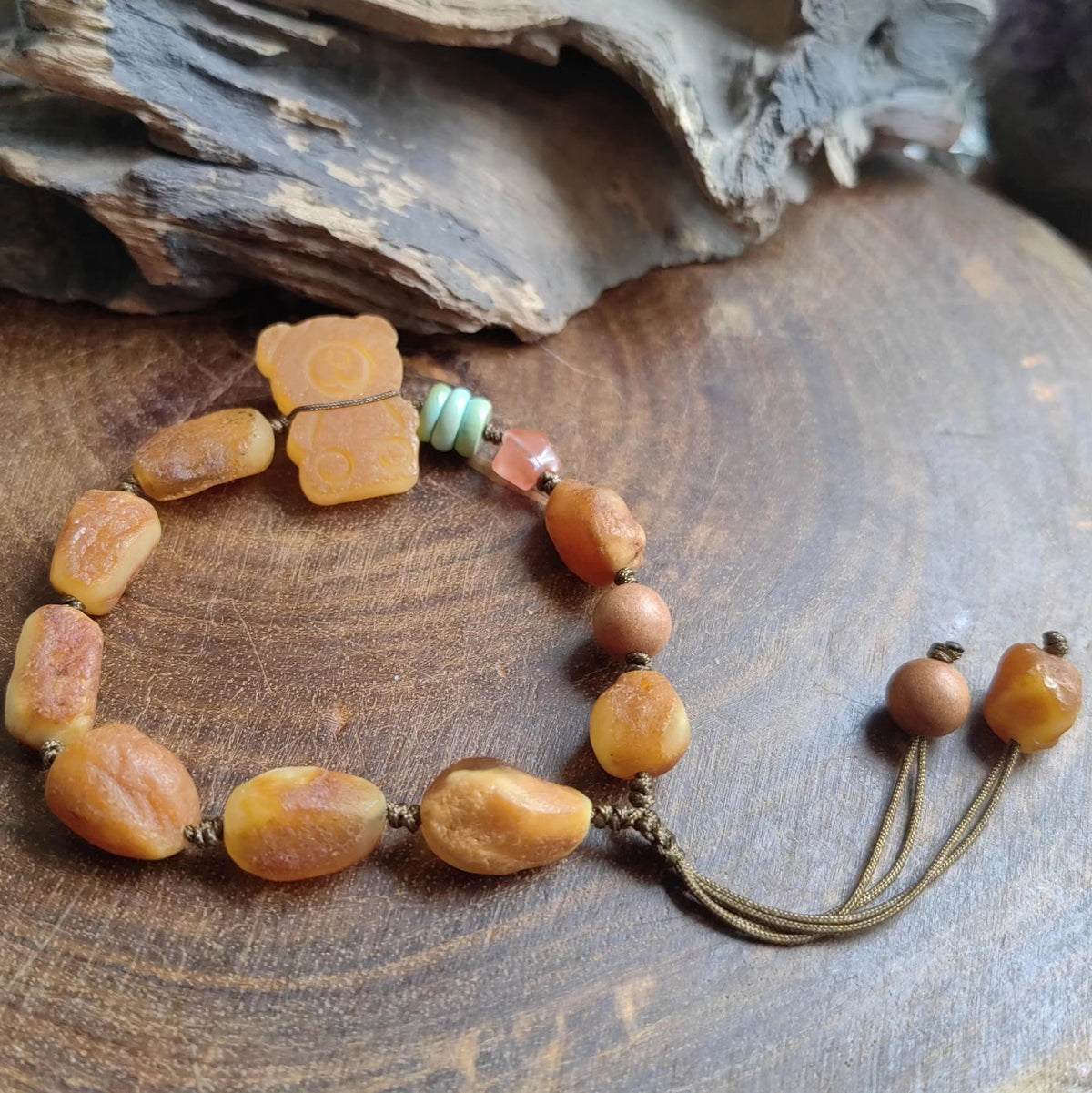 Handmade Raw Amber Bear Charm Bracelet