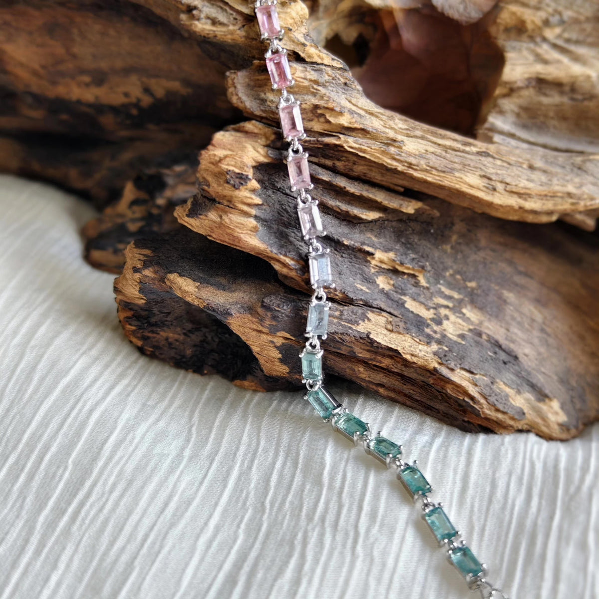 Blue Purple Gradient Tourmaline Rectangular Silver Bracelet