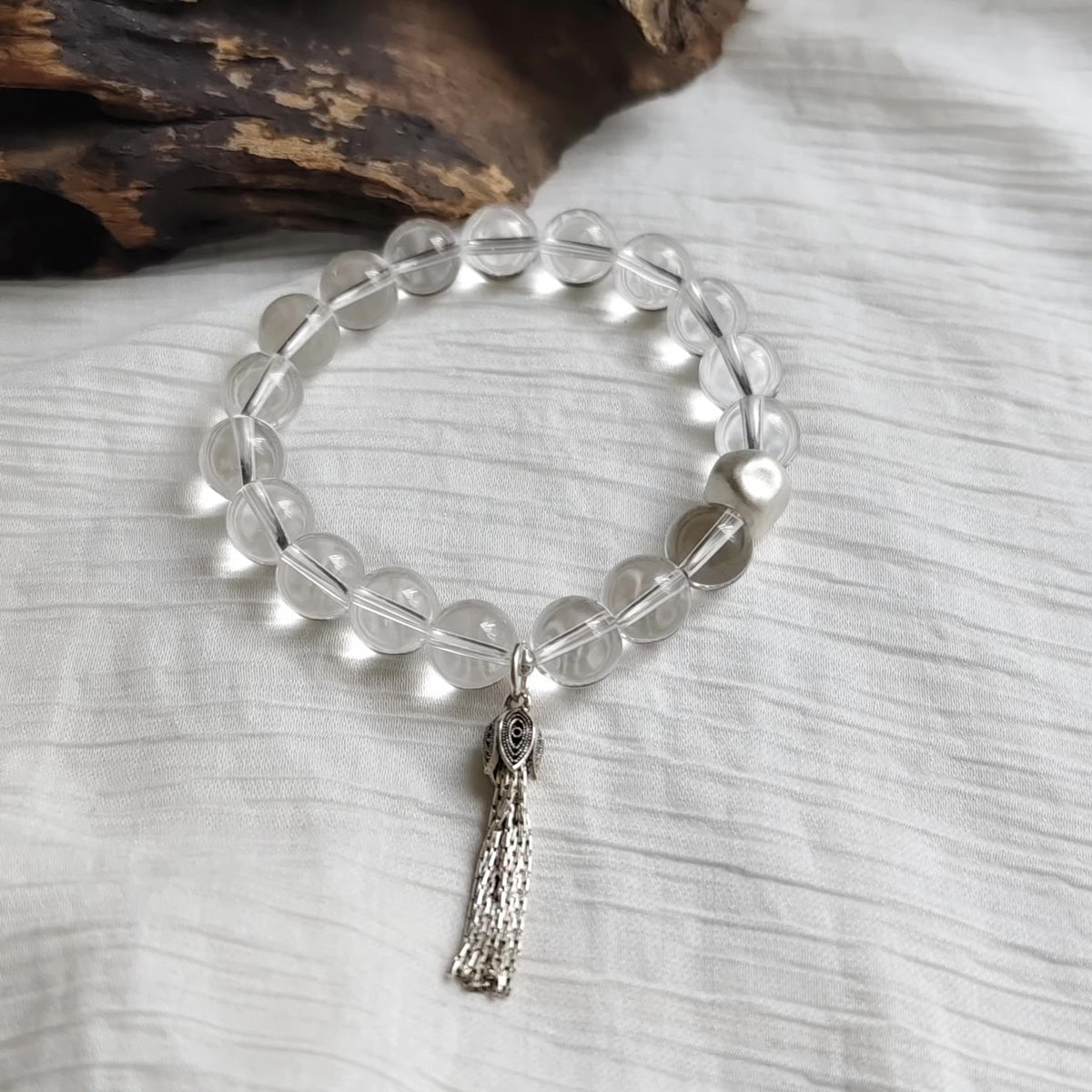 White Quartz Beaded Bracelet with Silver Tassel
