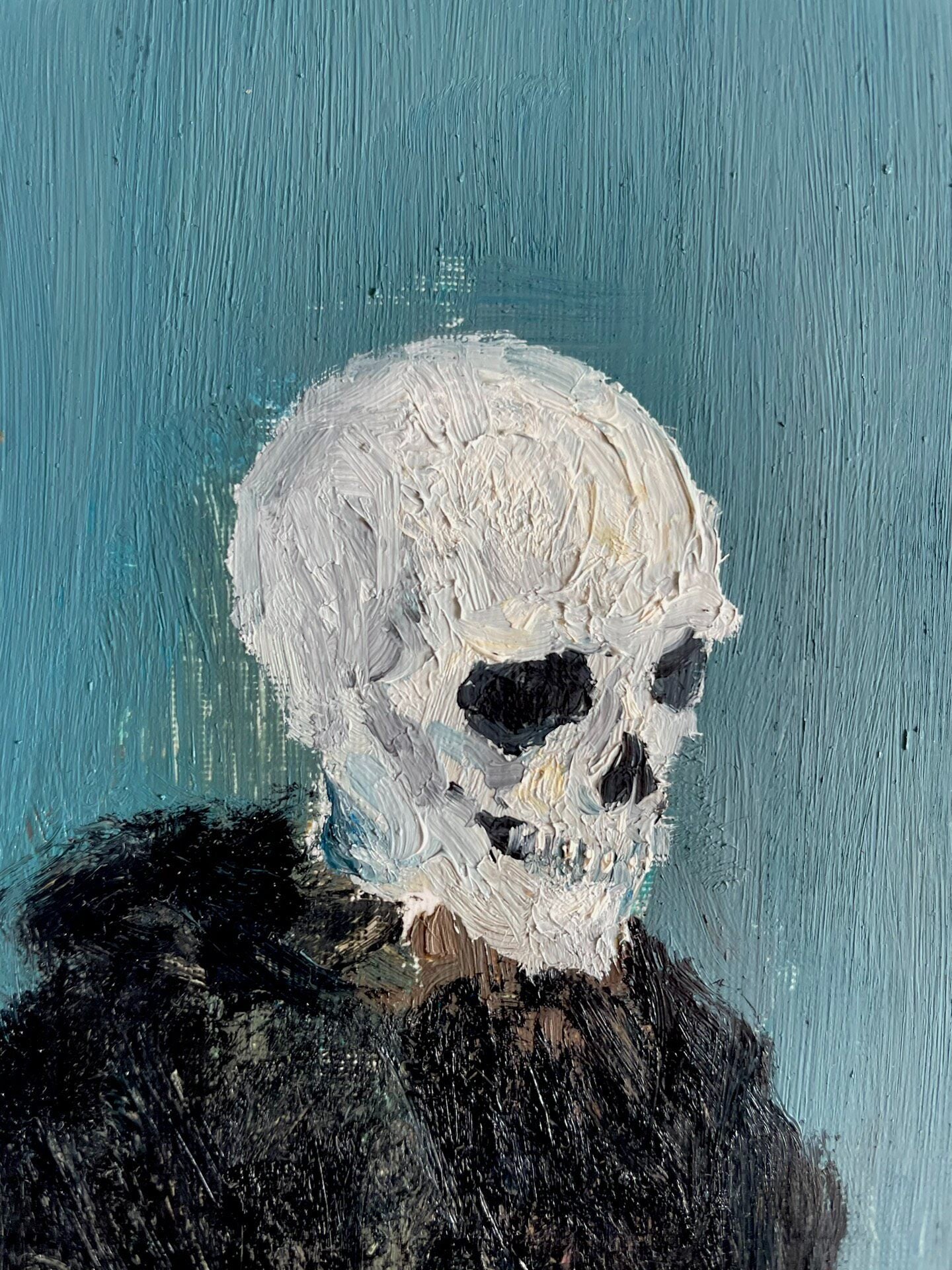 20x20cm Hand-Painted Oil Easel Painting, Skeleton Figure with Cat
