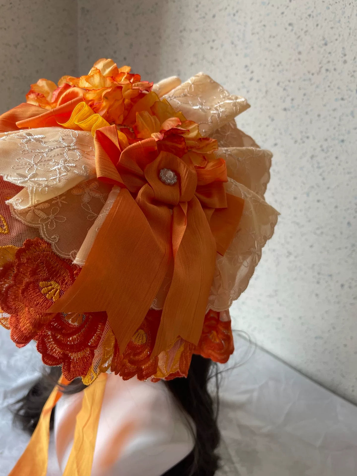 Sweet Lolita Orange Flat Bonnet with Pearl Fringe