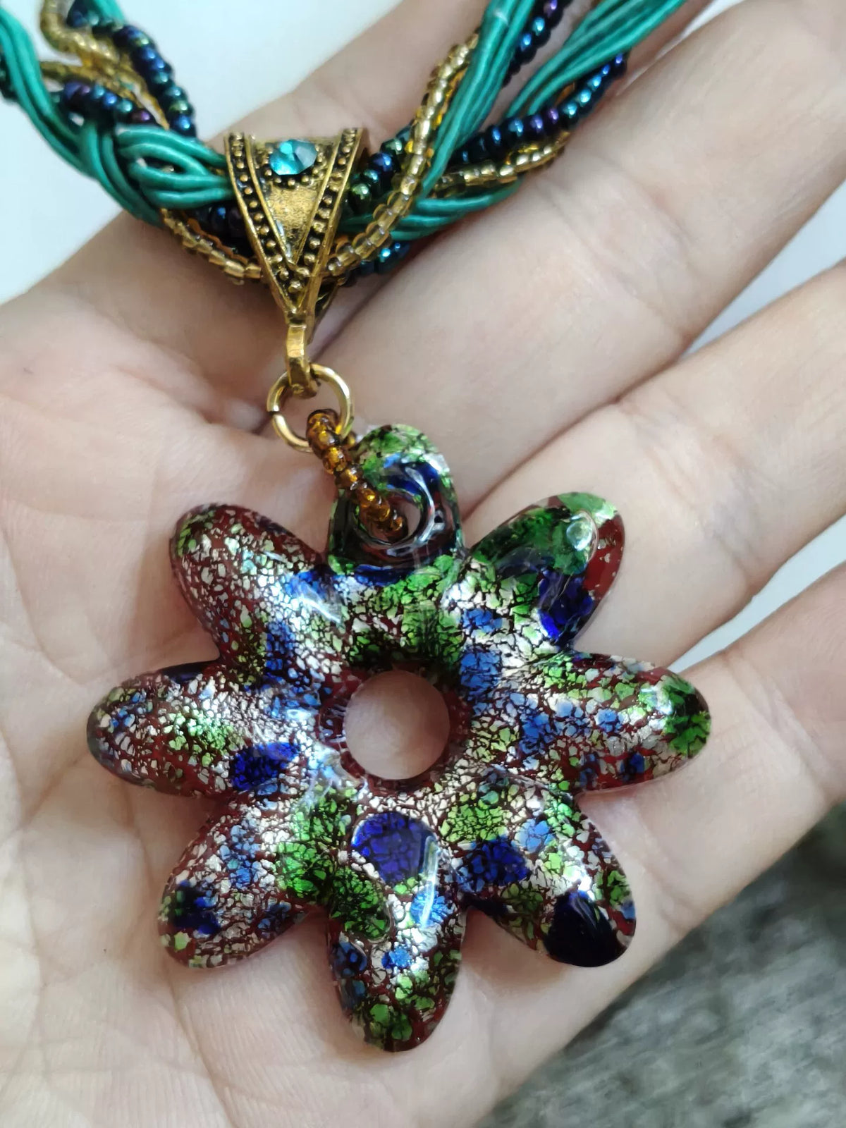 Woven Cord Flower Glass Pendant Necklace