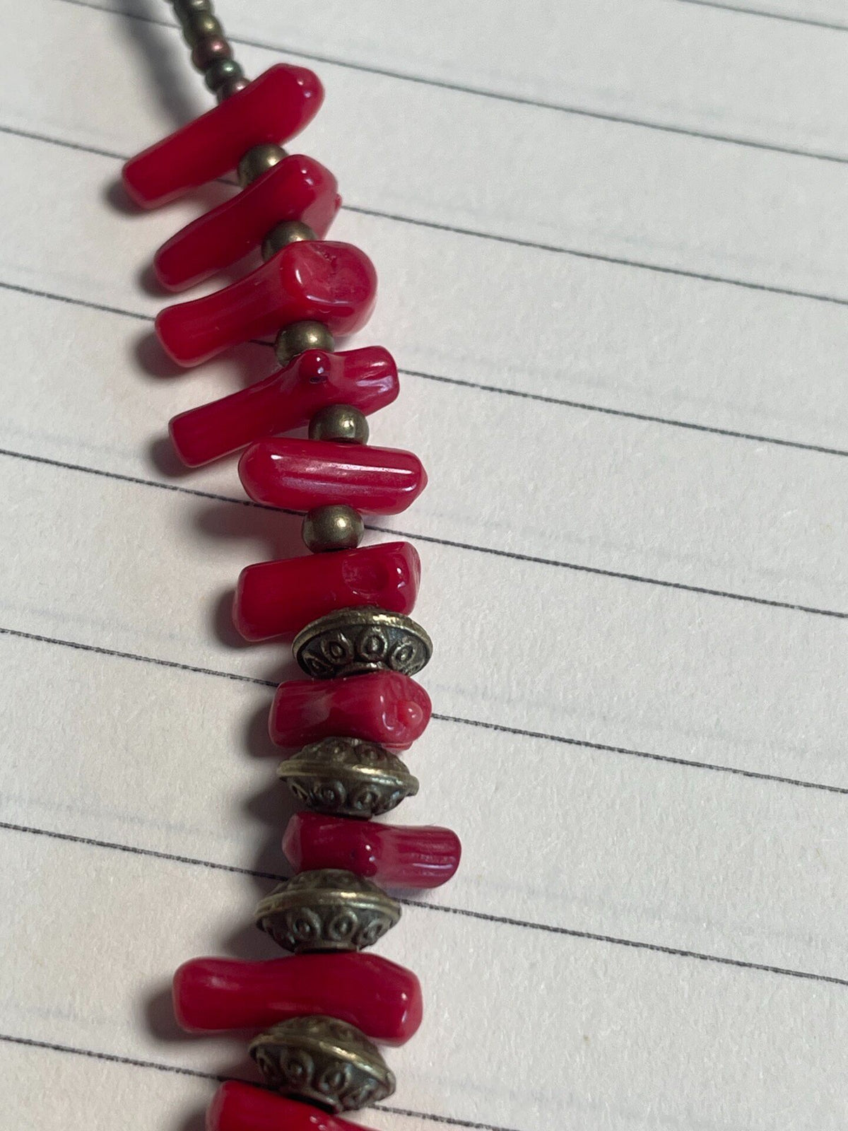 Red Plastic Beaded Necklace with Brass Spacers