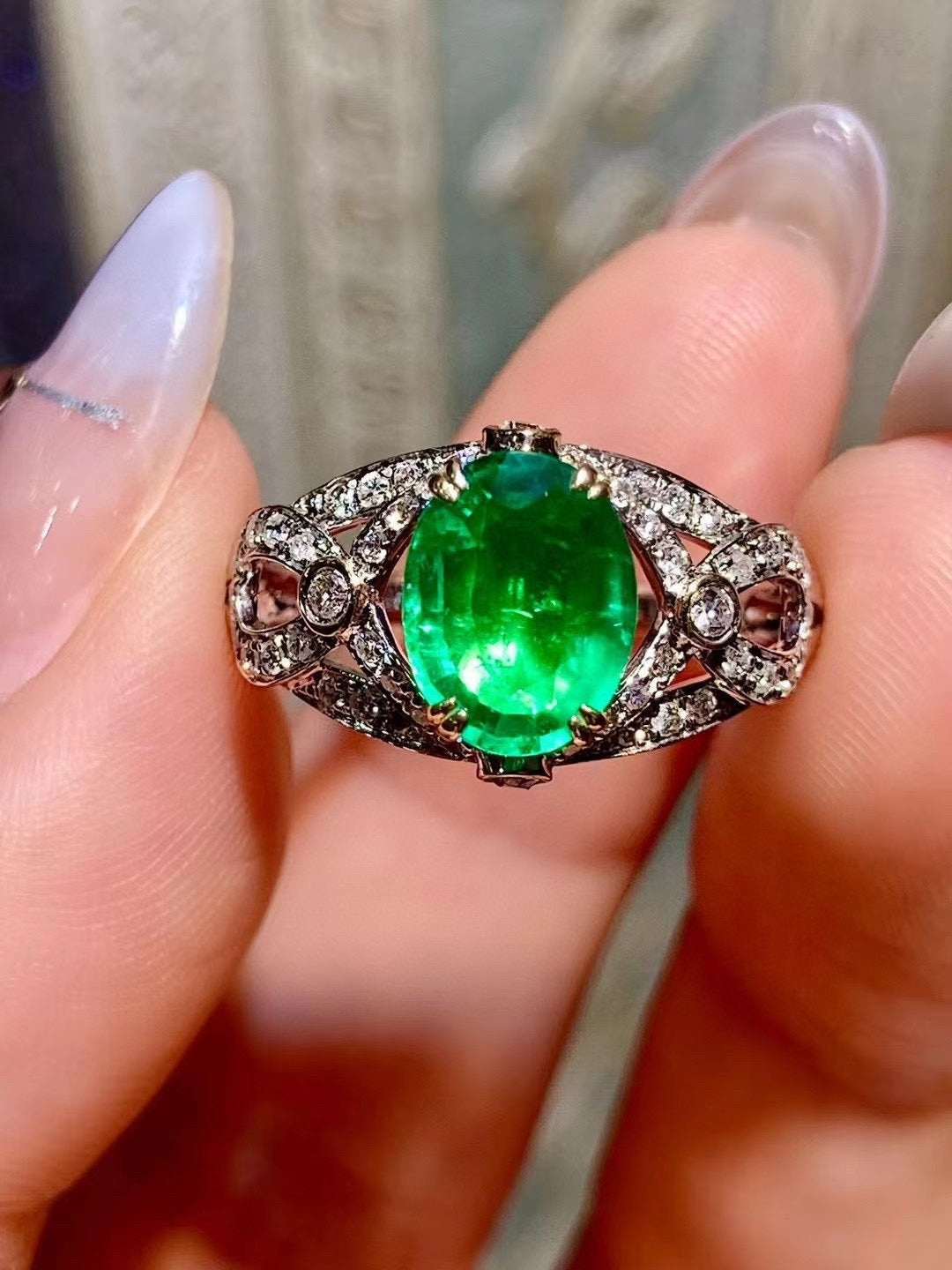 18K Gold Two-Tone Emerald and Diamond Ring, 1.51ct Oval Emerald