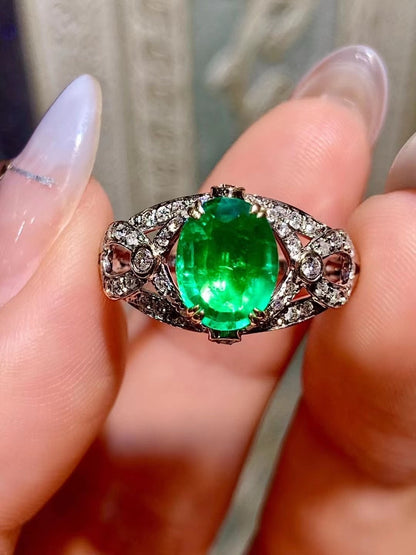 18K Gold Two-Tone Emerald and Diamond Ring, 1.51ct Oval Emerald