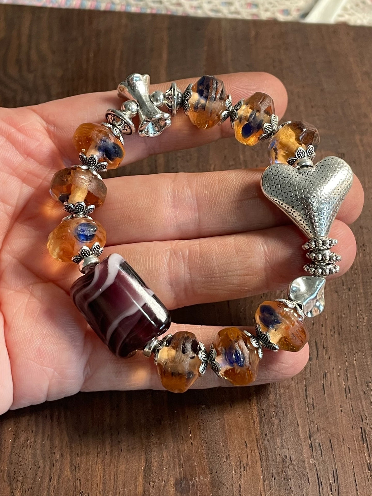 Amber Glass Beaded Charm Bracelet