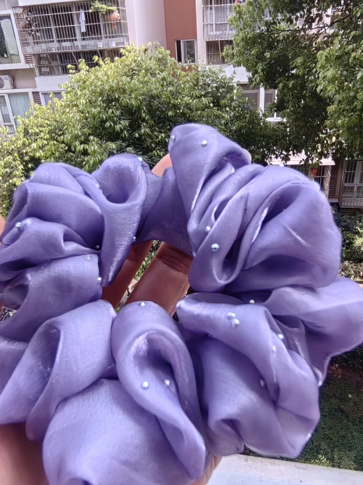 Lavender Satin Rhinestone Scrunchie