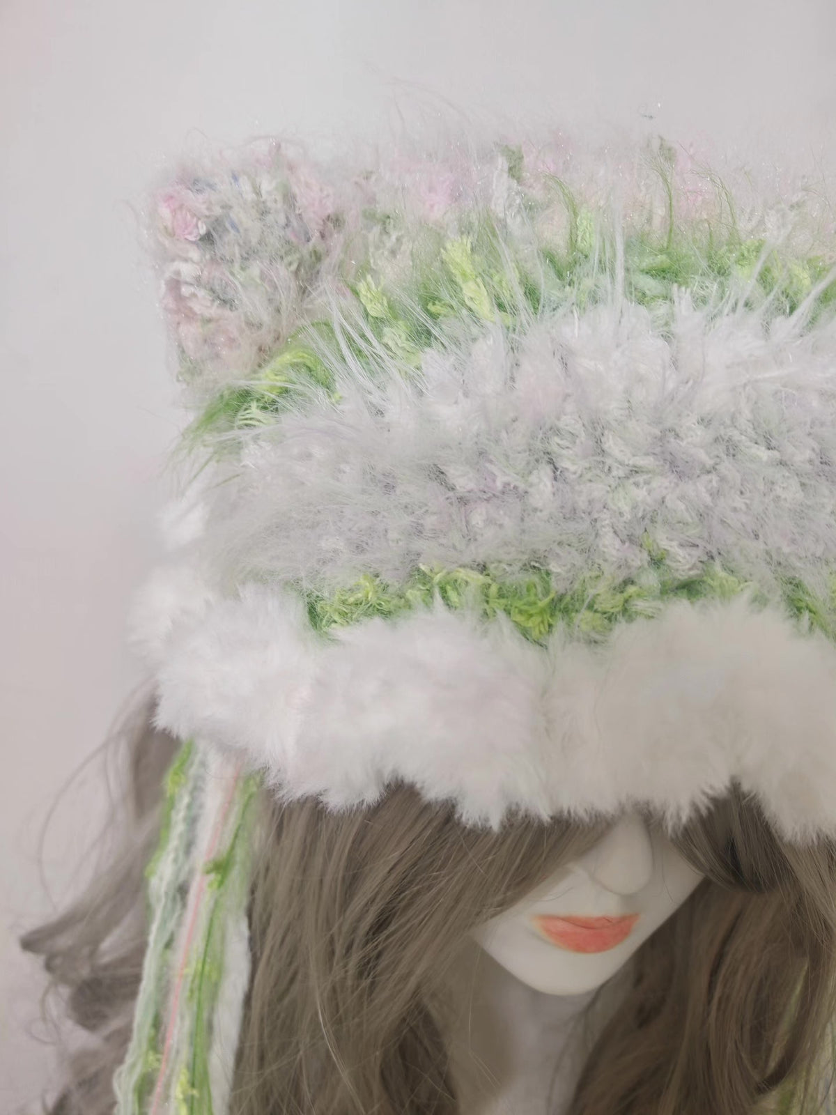 Green Cat Ear Knit Hat with Tassels