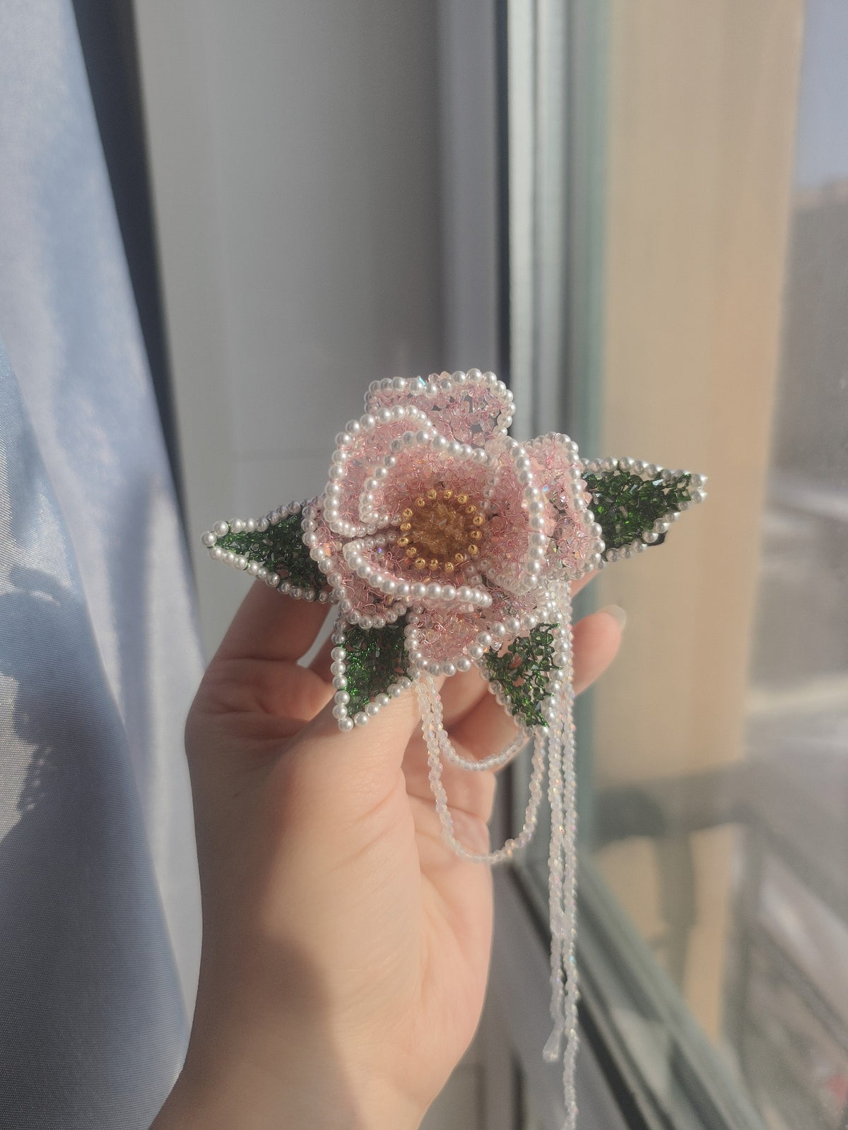 Beaded Peony Spring Clamp Hair Clip