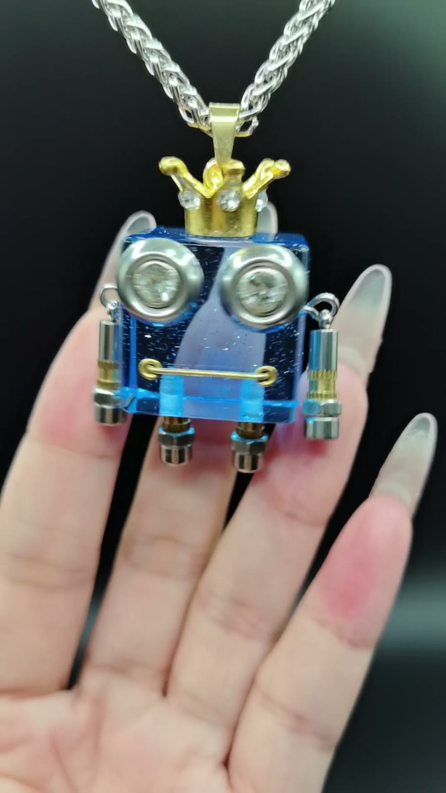Blue Resin Robot Crown Pendant Necklace