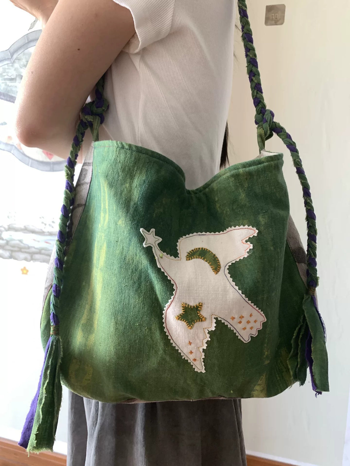 Handmade Green Cotton Bird Embroidered Shoulder Bag