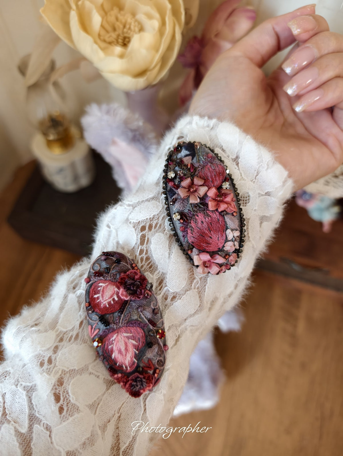 Handmade Gothic Strawberry Embroidery Hair Clips