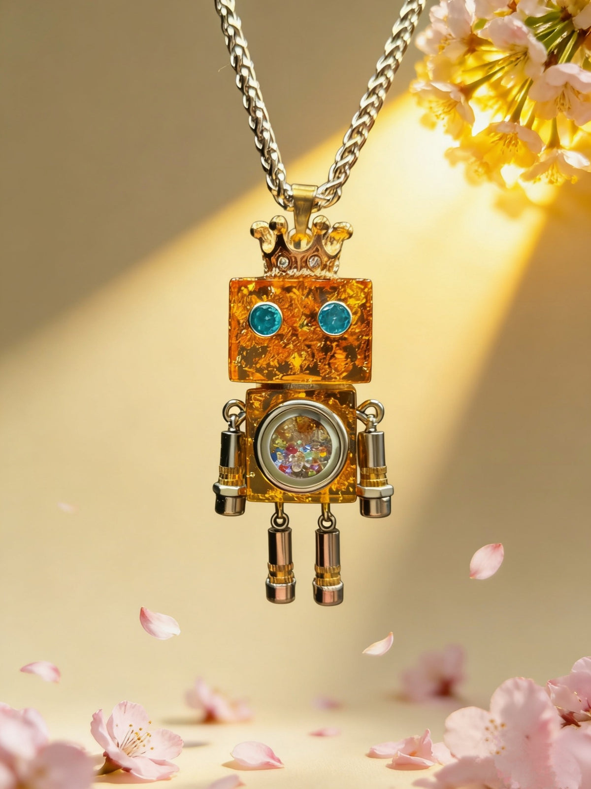 Yellow Punk Robot Pendant with Crown