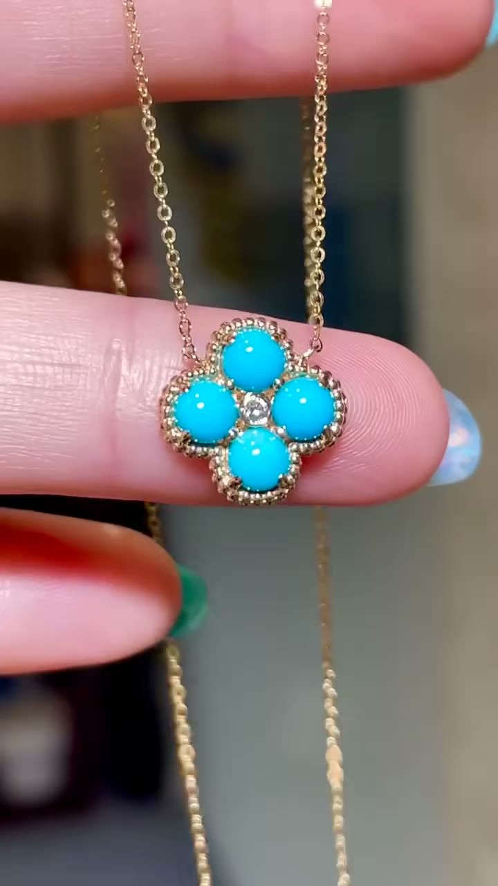 18K Gold Four Leaf Clover Blue Stone Necklace