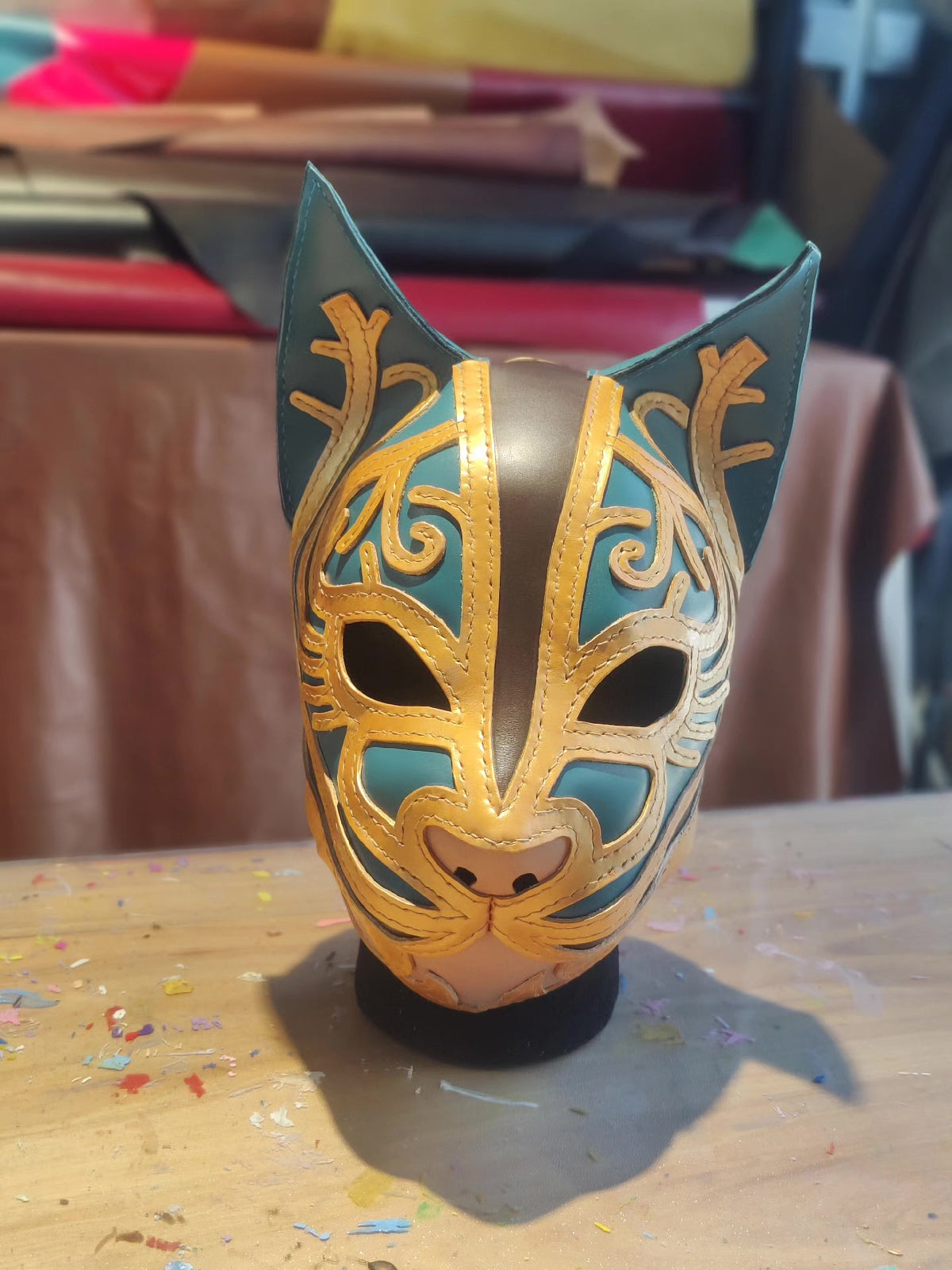 Handcrafted Leather Animal Mask with Gold Accents