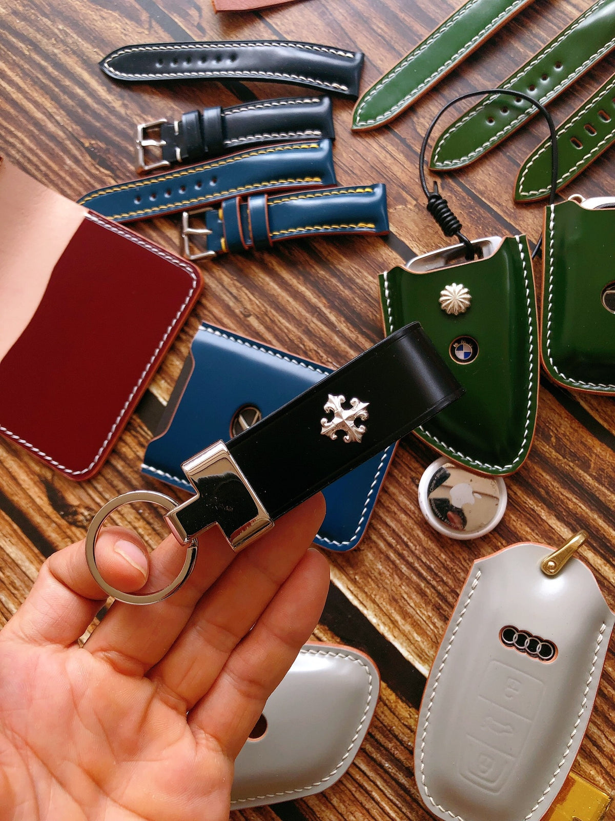 Black Leather Key Fob with Cross Stud