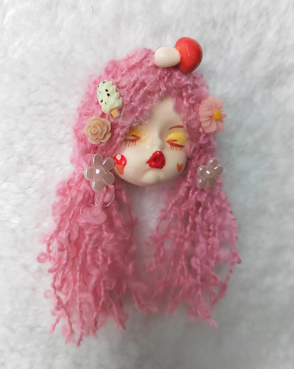 Clay Doll Head Brooch with Pink Yarn Hair