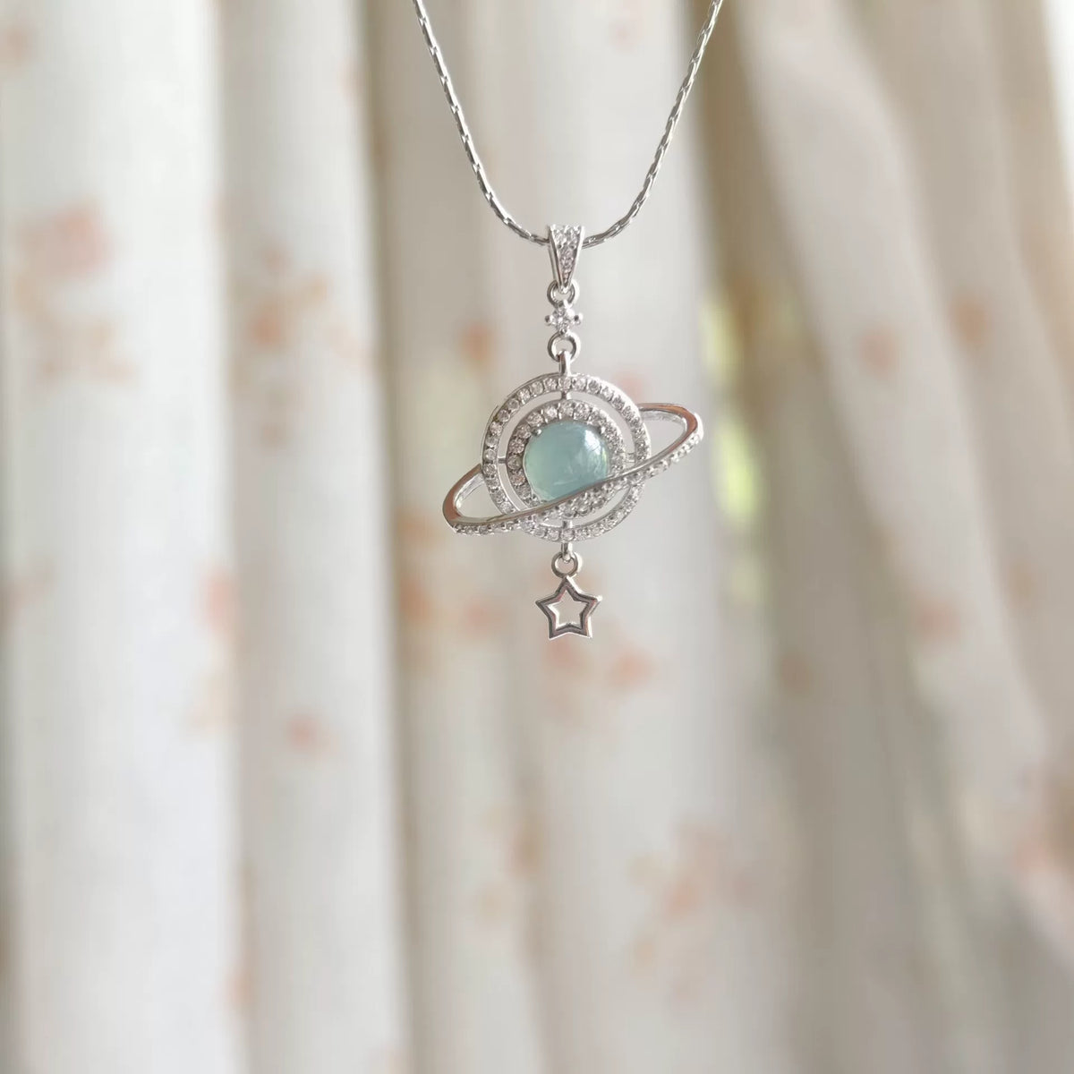 Natural Blue Jadeite Planet Pendant in Silver