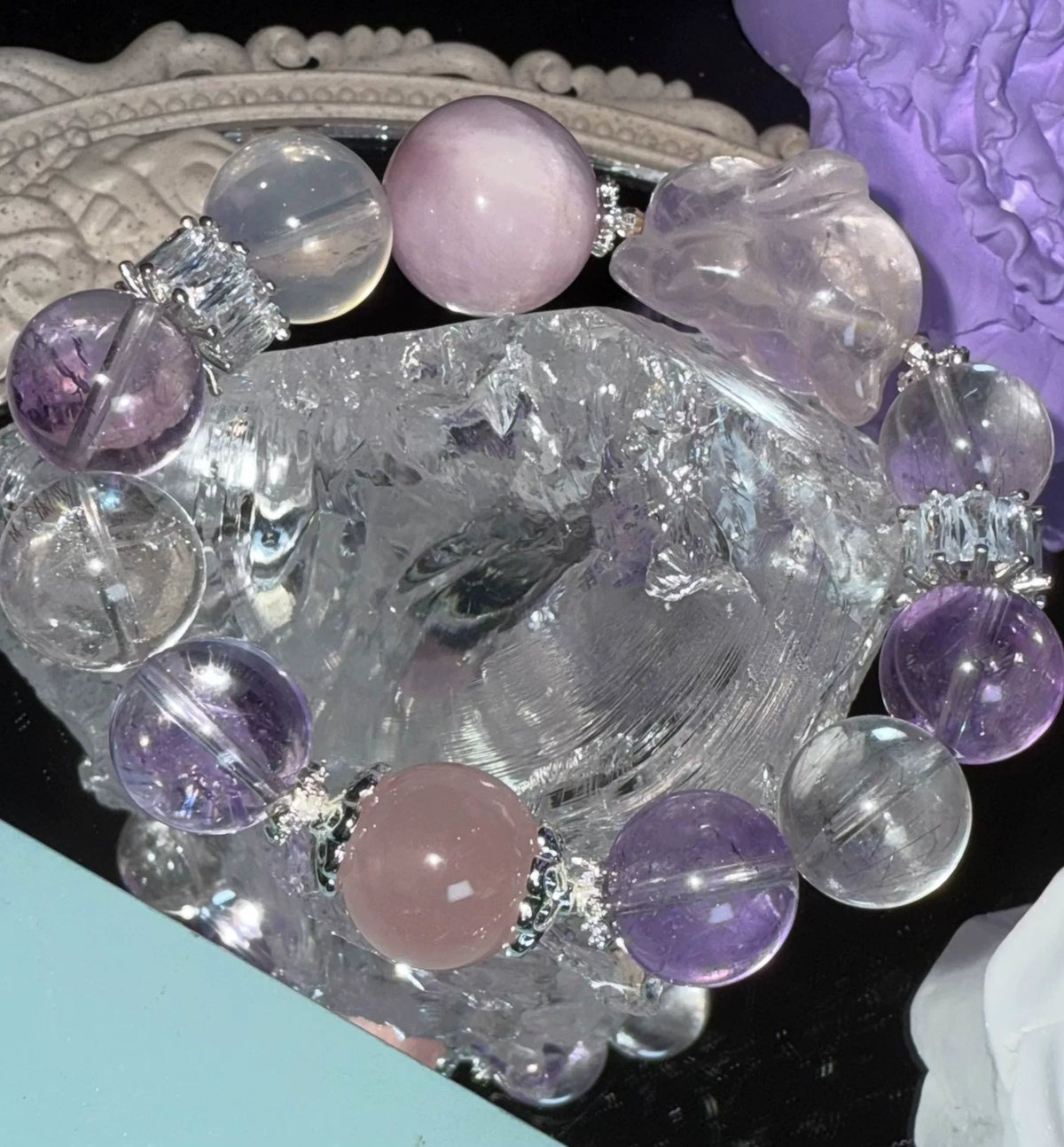 Bracciale di perle in quarzo rosa naturale e lepidolite