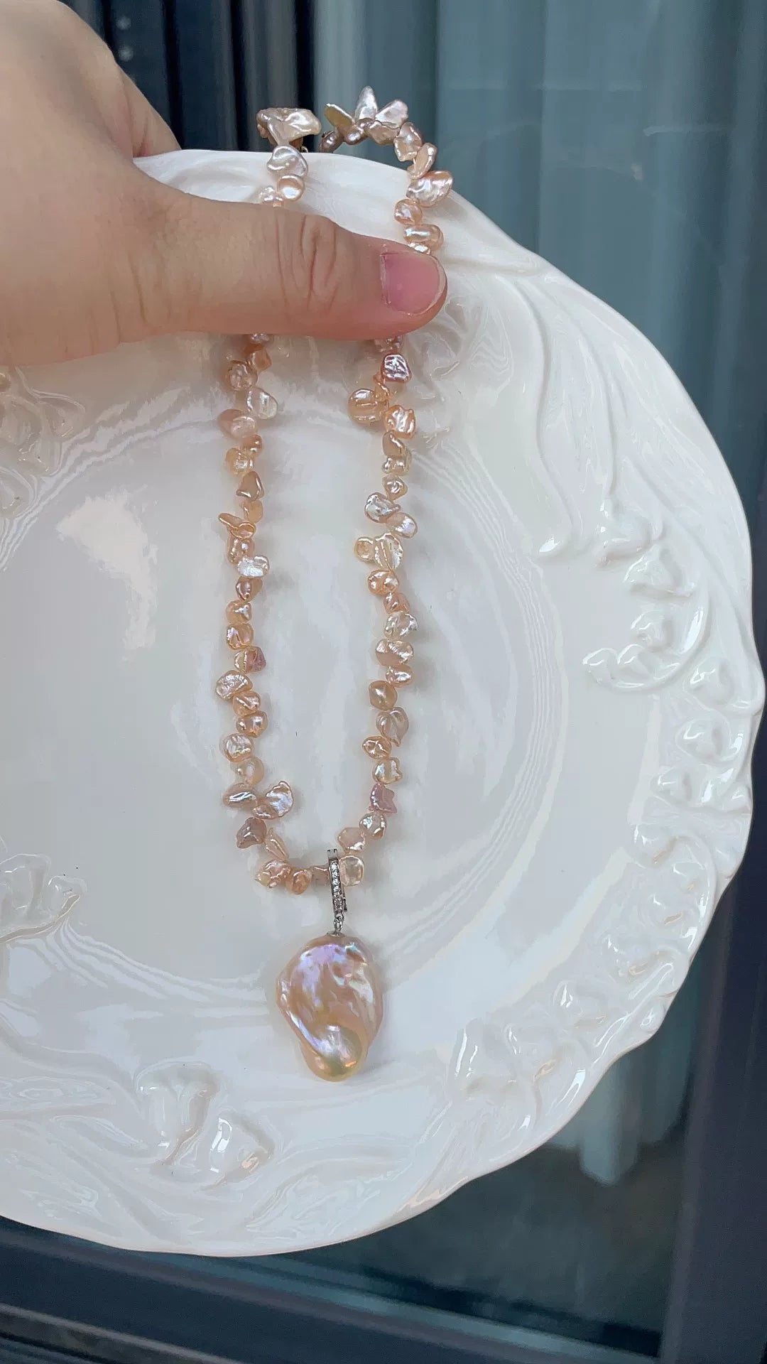 Set collana con perle barocco champagne argento 925