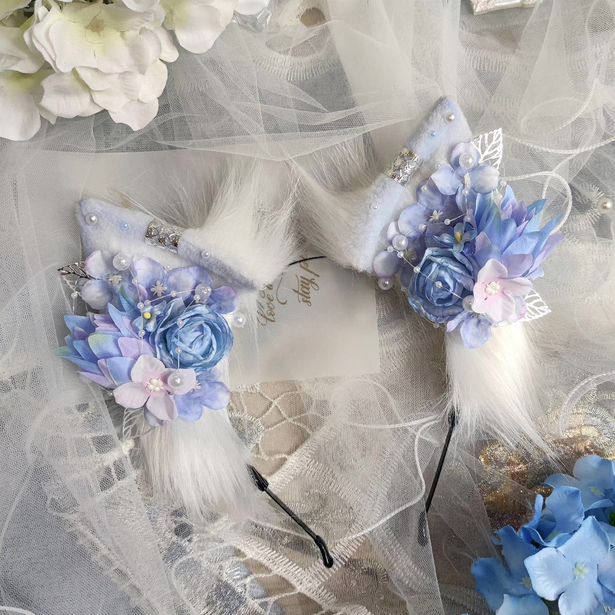 Diadema de Orelhas de Gato Azul e Roxo com Pelo Sintético