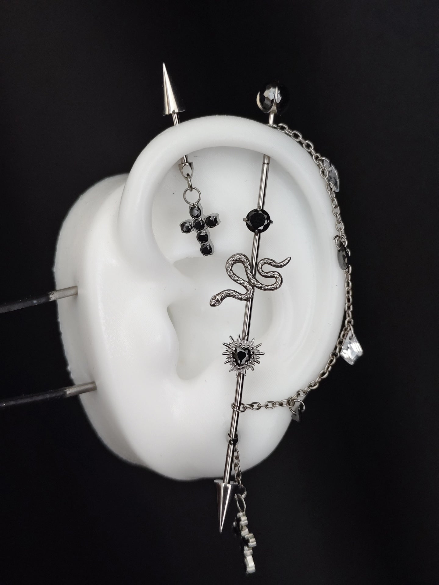 Titanium Alloy Ear Cartilage Jewelry Set with Snake, Spikes, Chain, and Cross Charms