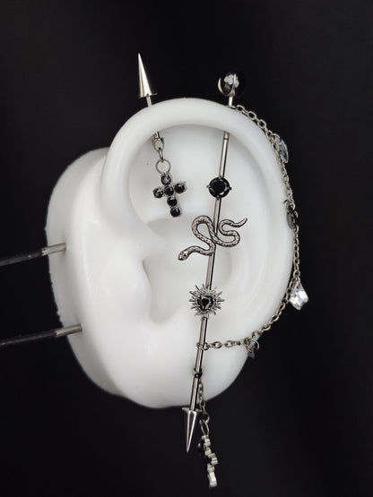 Titanium Alloy Ear Cartilage Jewelry Set with Snake, Spikes, Chain, and Cross Charms