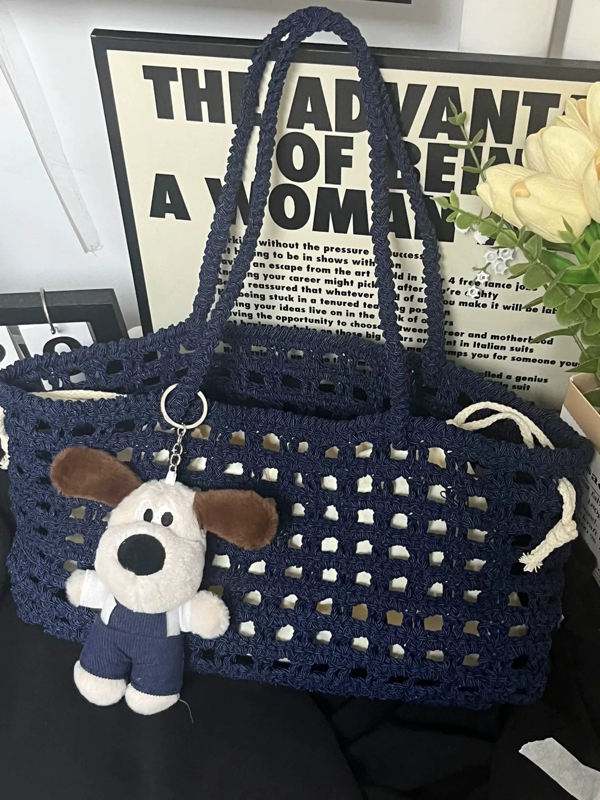 Navy Open Lattice Cord Tote Bag