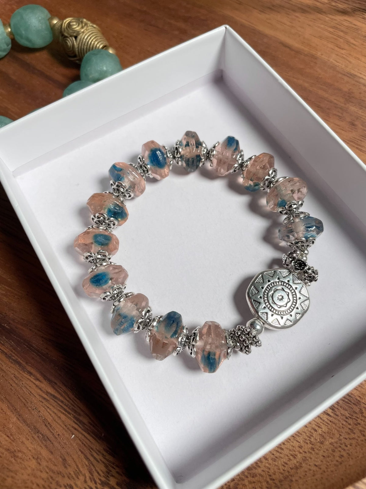 Pink Blue Glass Bead Bracelet